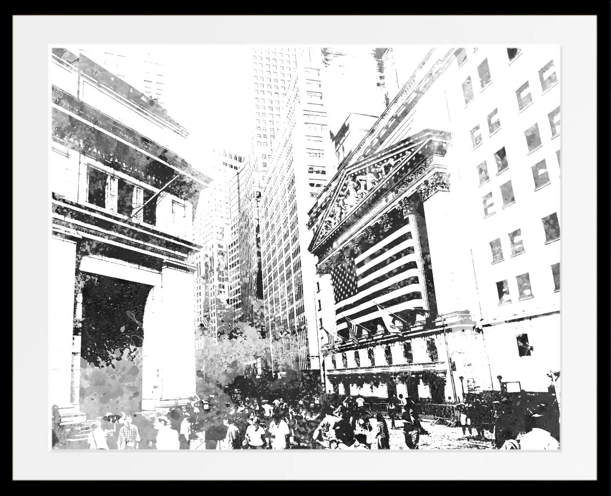 A black and white art print depicting the iconic facade of the New York Stock Exchange surrounded by skyscrapers, with a crowd of people in the foreground, presented in a white mat and black frame.