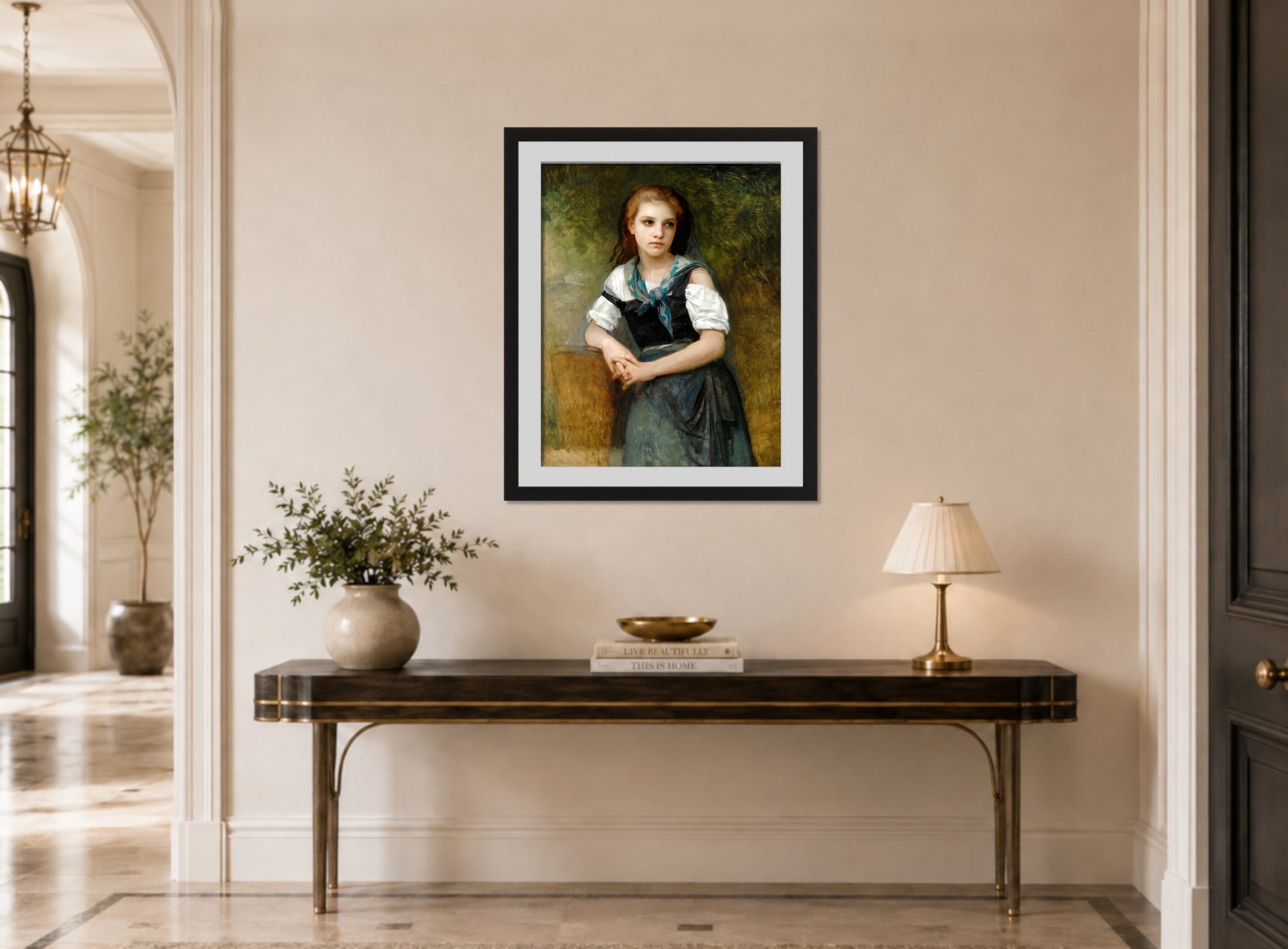 William-Adolphe Bouguereau Print, A Study For The Secret displayed above a console table