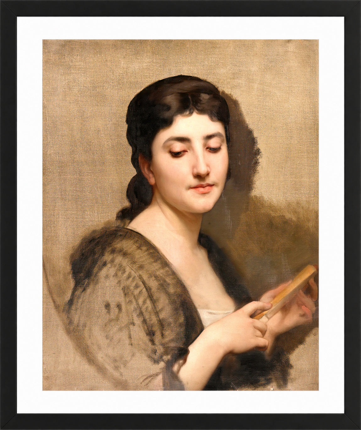 William-Adolphe Bouguereau Print, A Young Woman with a Fan in a black frame