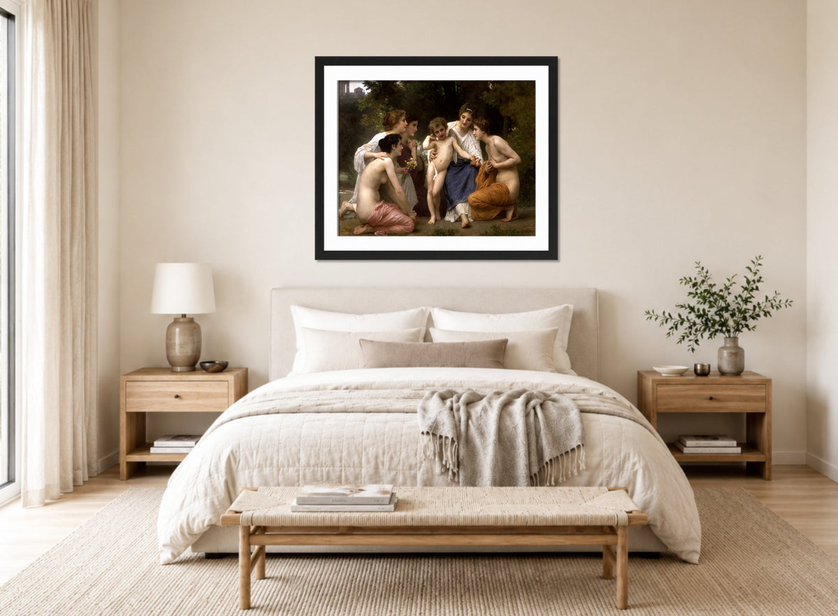 William-Adolphe Bouguereau Print, Admiration (1897) displayed above a bed