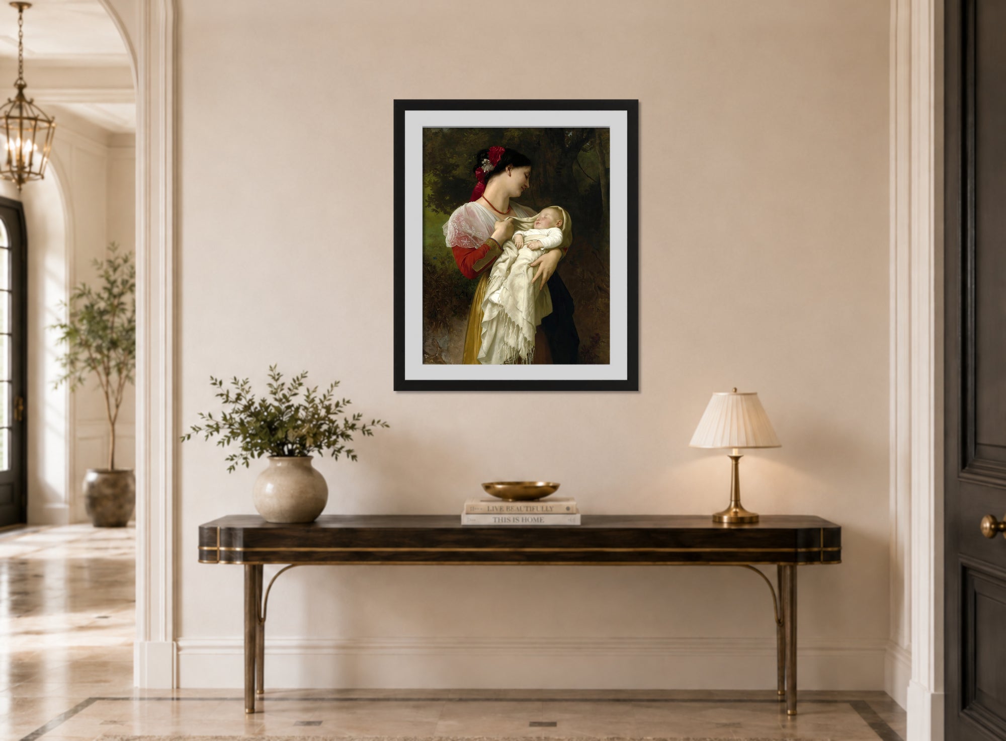 William-Adolphe Bouguereau Print, Admiration Maternelle displayed above a console table