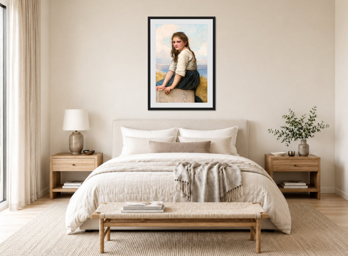William-Adolphe Bouguereau Print, Au Bord De La Mer (1903) displayed above a bed