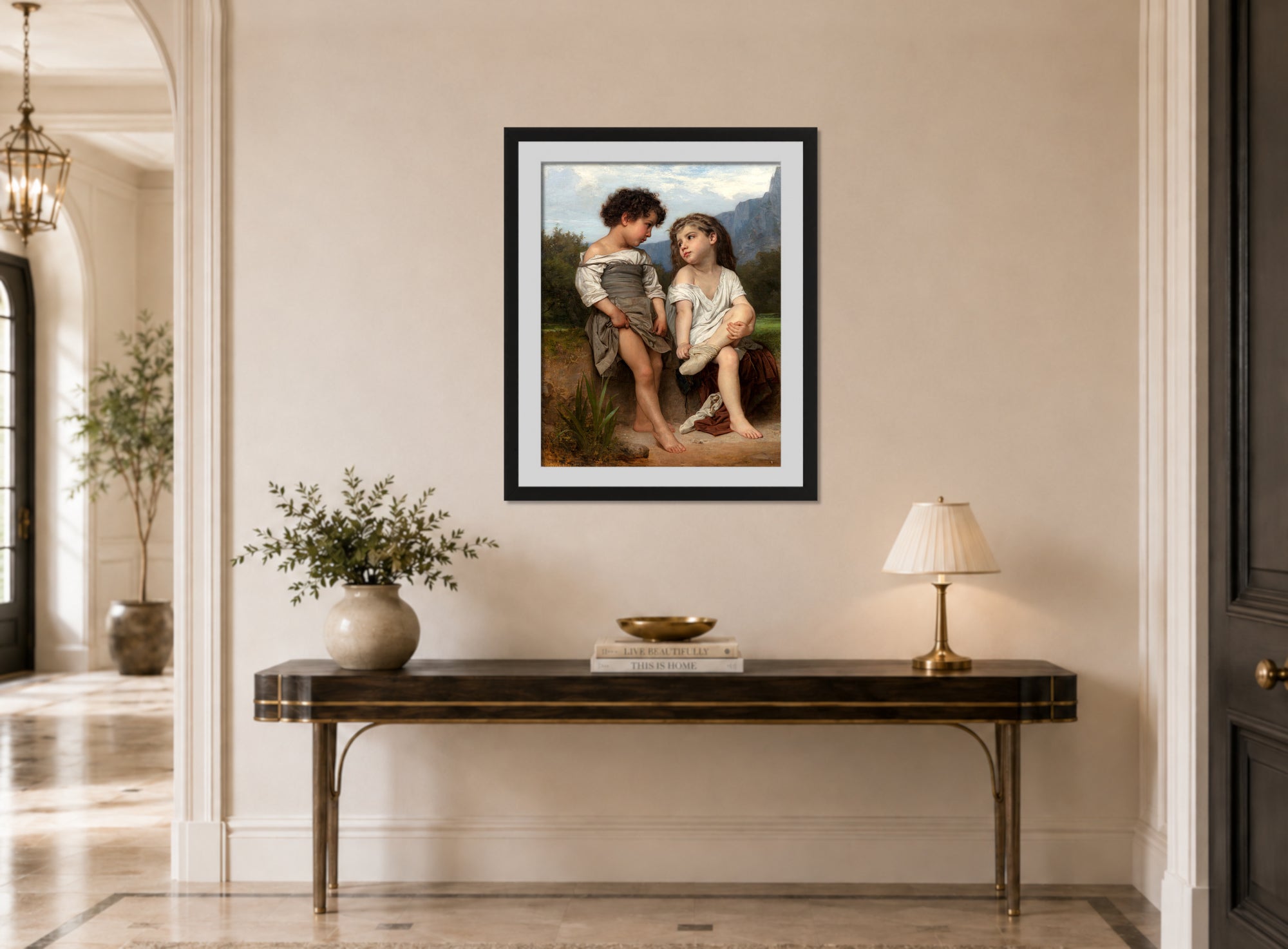 William-Adolphe Bouguereau Print, Au bord du ruisseau displayed above a console table
