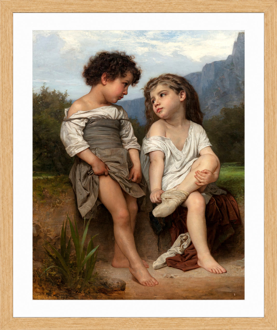 William-Adolphe Bouguereau Print, Au bord du ruisseau in a light oak frame