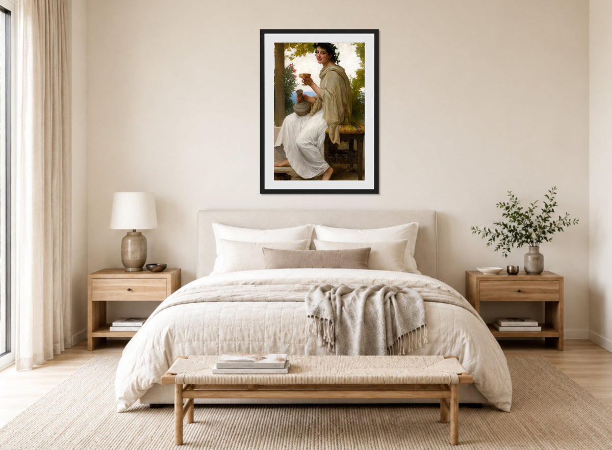 William-Adolphe Bouguereau Print, Bacchante (1894) displayed above a bed