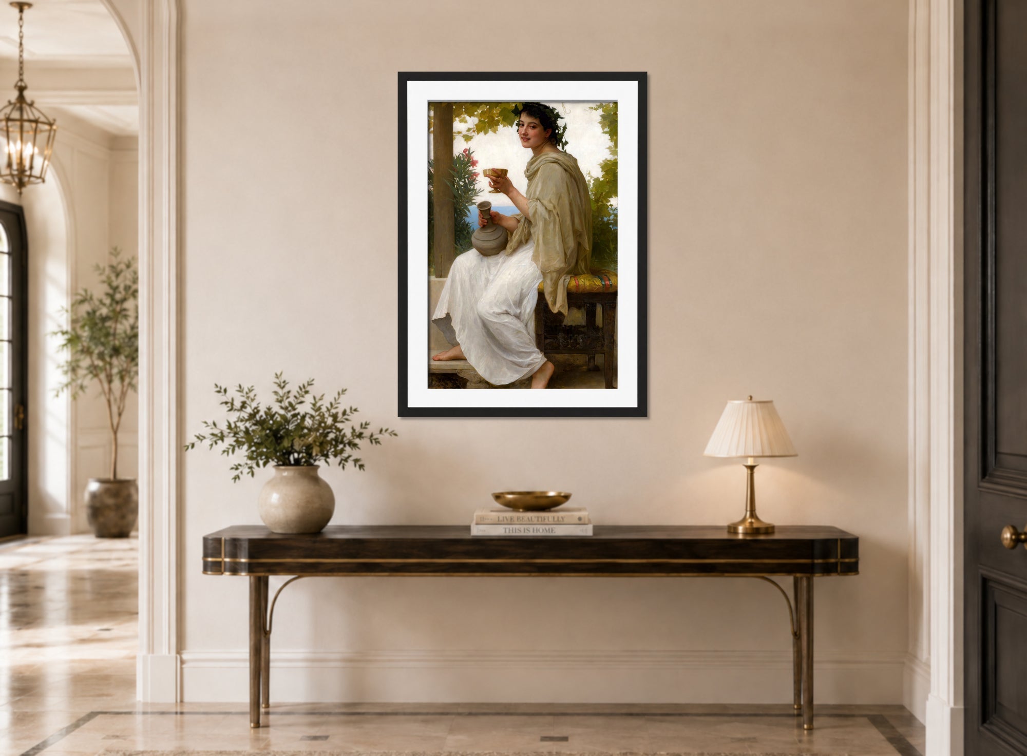 William-Adolphe Bouguereau Print, Bacchante (1894) displayed above a console table