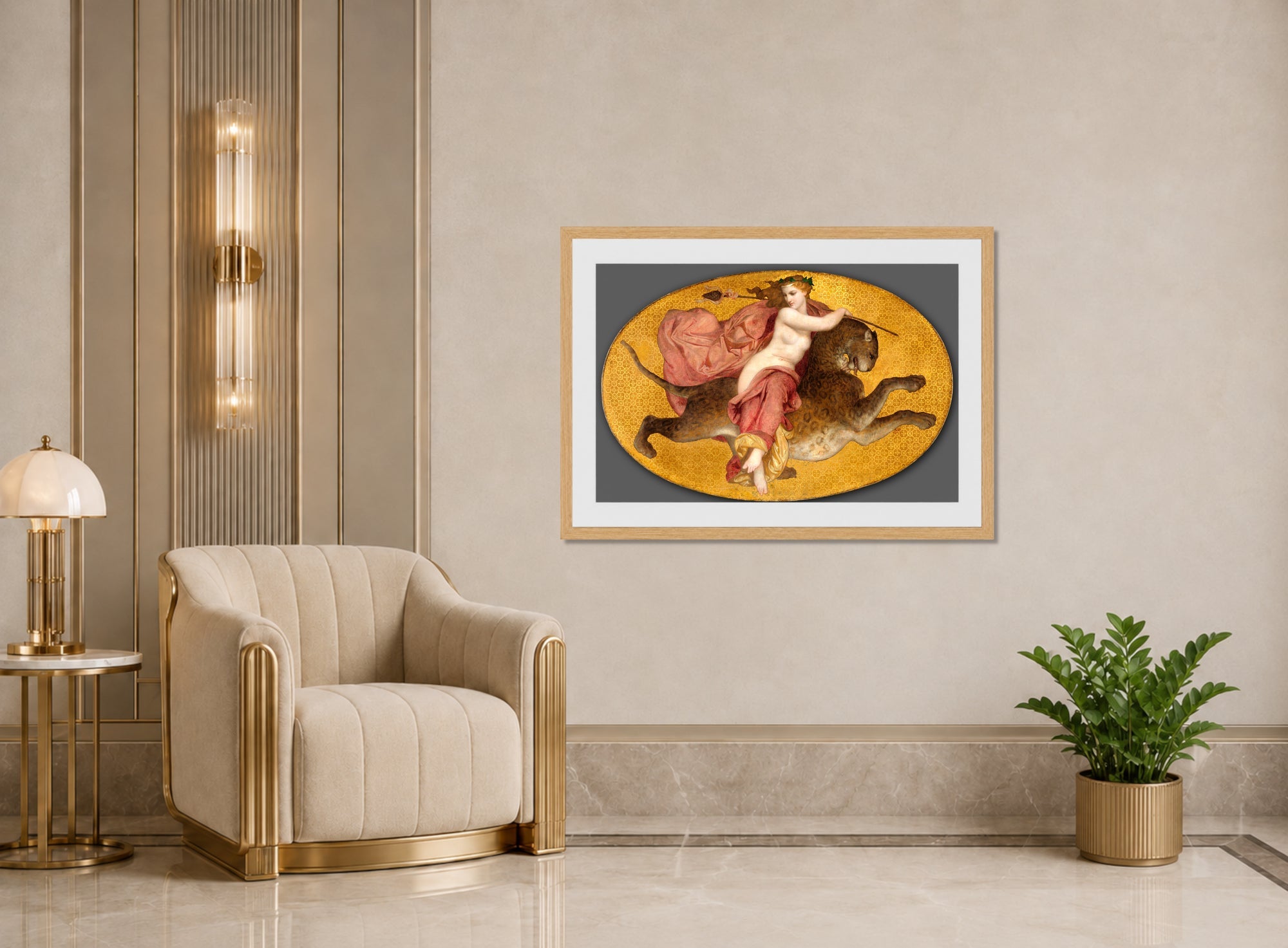 William-Adolphe Bouguereau Print, Bacchante on a Panther (1855) displayed in an Art Deco interior