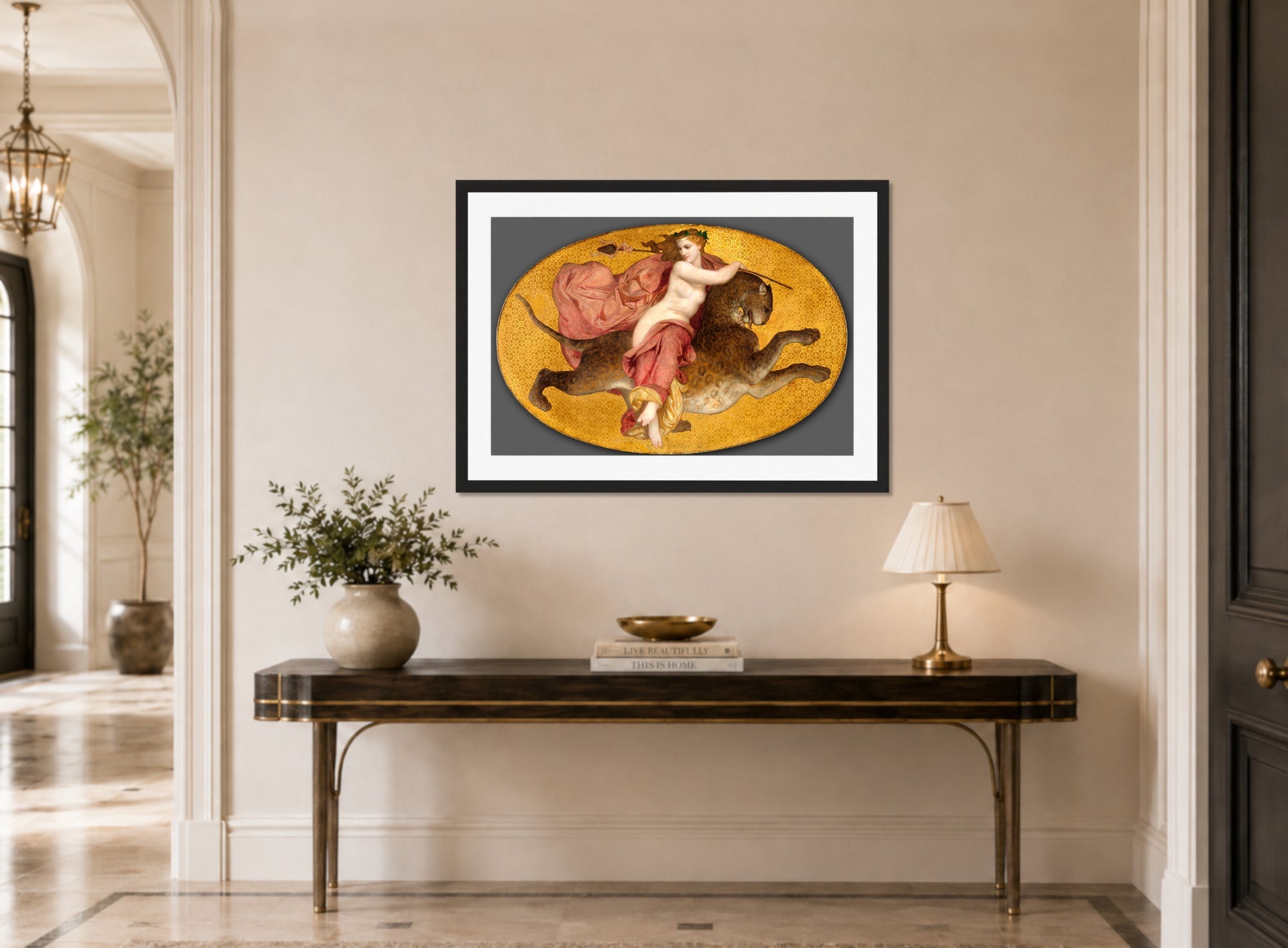 William-Adolphe Bouguereau Print, Bacchante on a Panther (1855) displayed above a console table