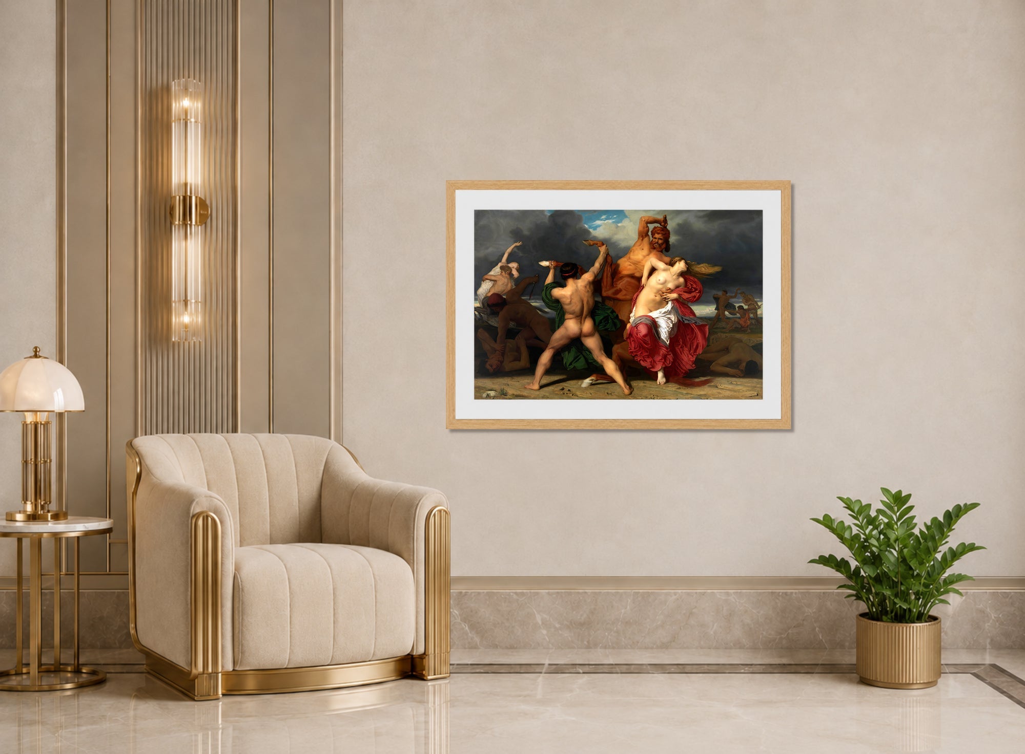 William-Adolphe Bouguereau Print, Battle Of The Centaurs And The Lapiths (1852) displayed in an Art Deco interior