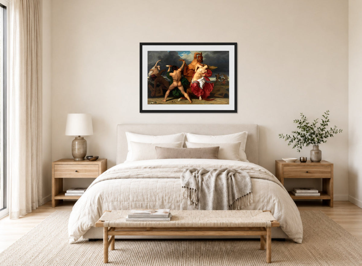 William-Adolphe Bouguereau Print, Battle Of The Centaurs And The Lapiths (1852) displayed above a bed