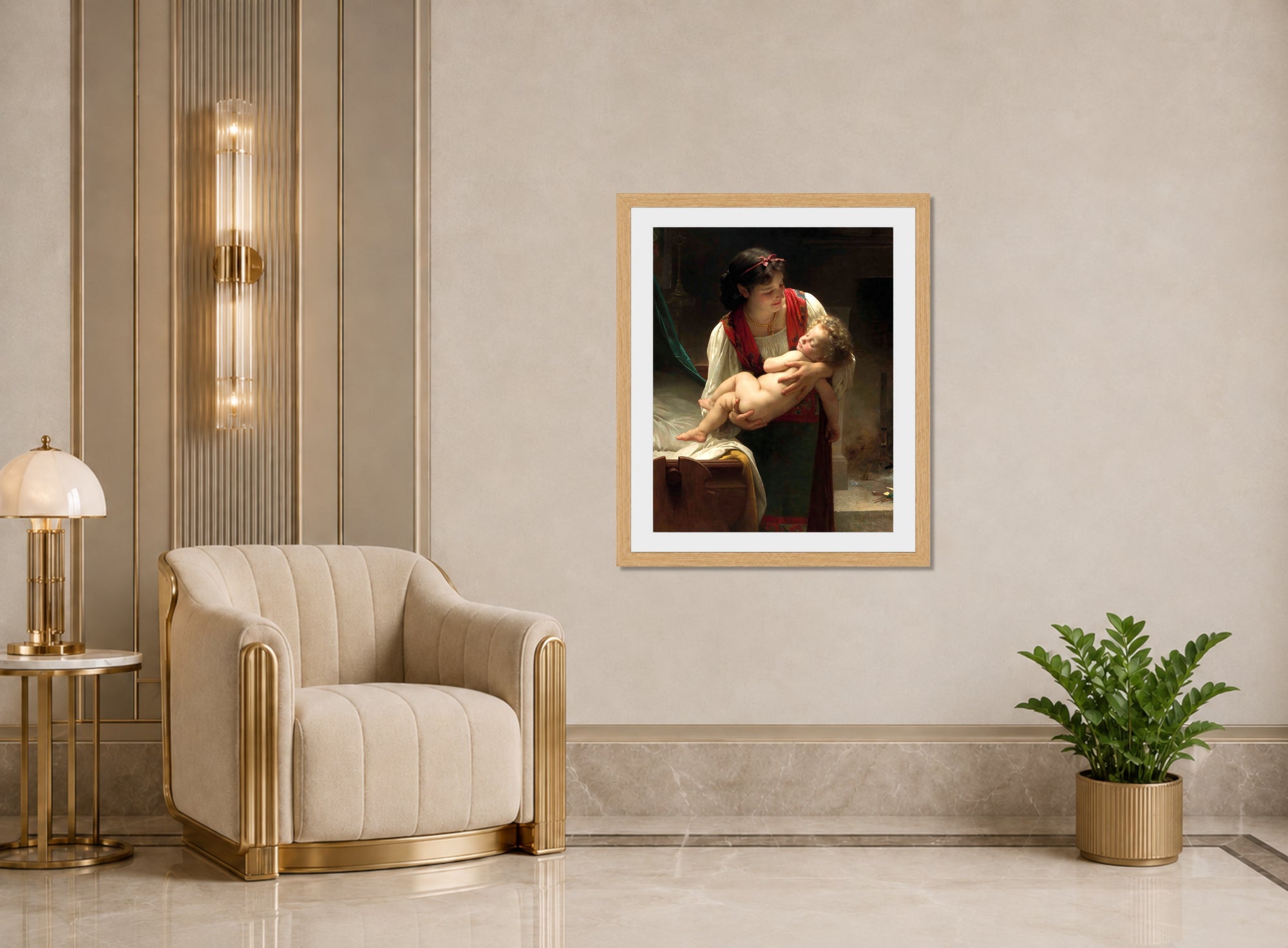 William-Adolphe Bouguereau Print, Berceuse (Le coucher) (1873) displayed in an Art Deco interior