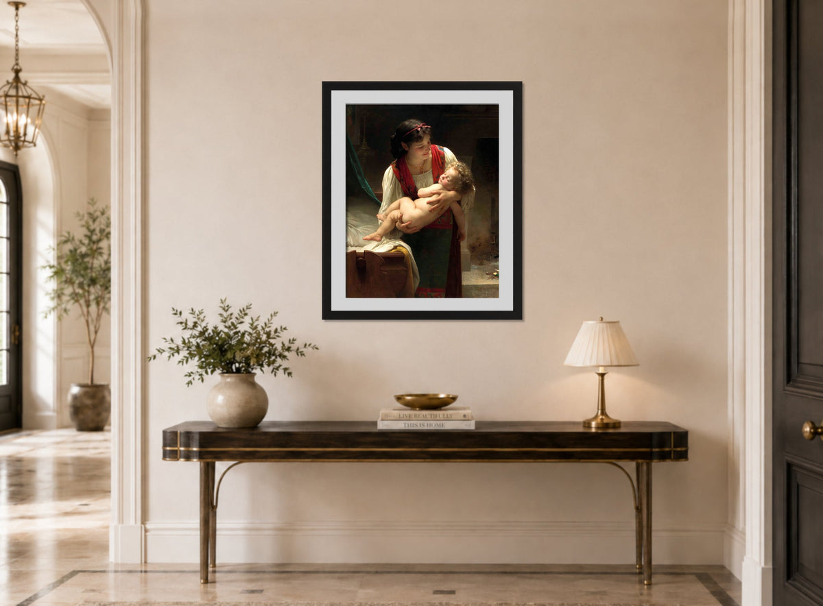 William-Adolphe Bouguereau Print, Berceuse (Le coucher) (1873) displayed above a console table