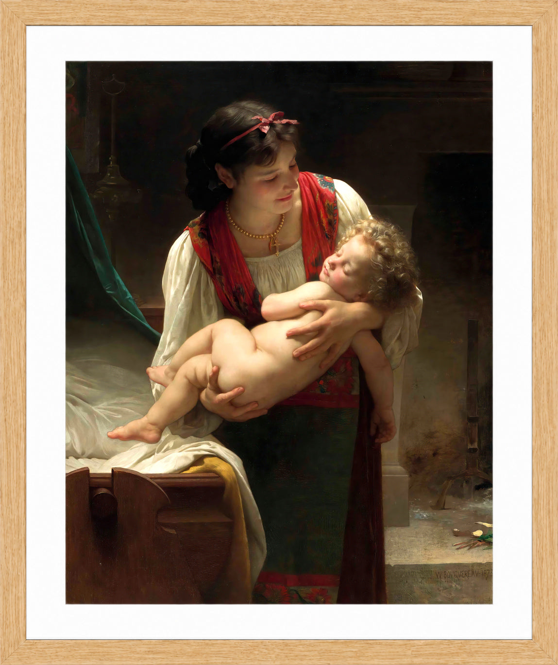 William-Adolphe Bouguereau Print, Berceuse (Le coucher) (1873) in a light oak frame