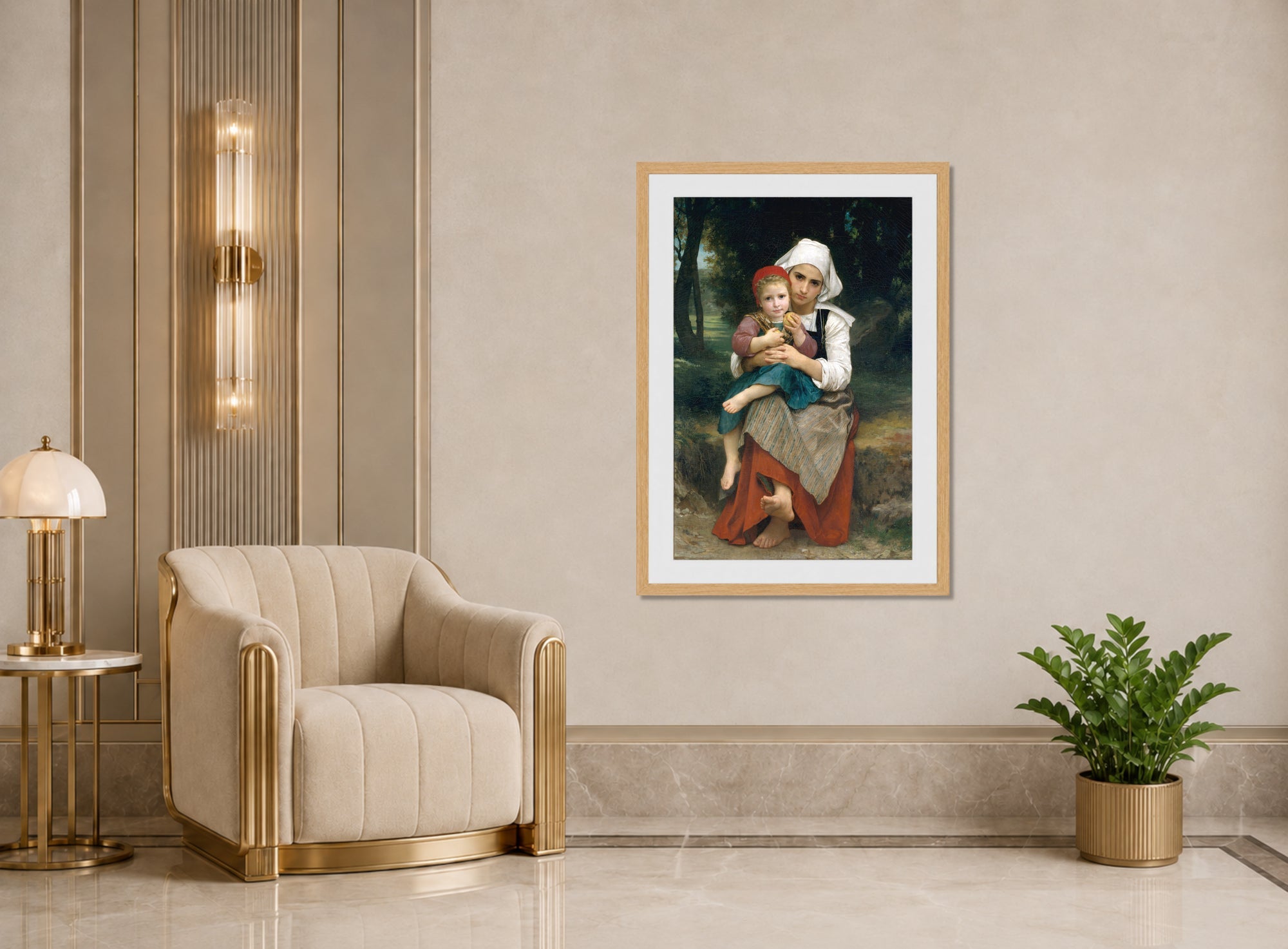 William-Adolphe Bouguereau Print, Breton Brother and Sister (1871) displayed in an Art Deco interior