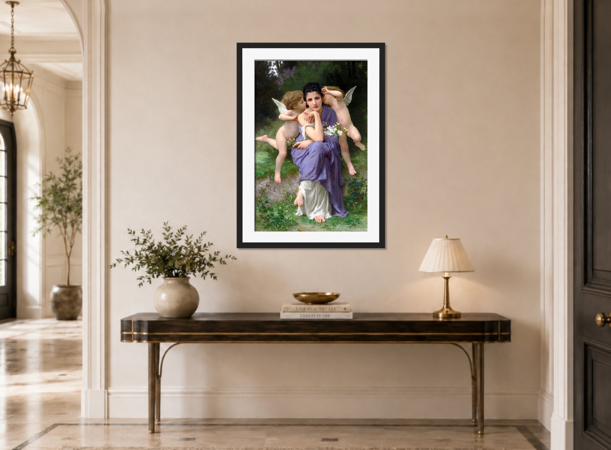 William-Adolphe Bouguereau Print, Chansons de printemps (1889) displayed above a console table