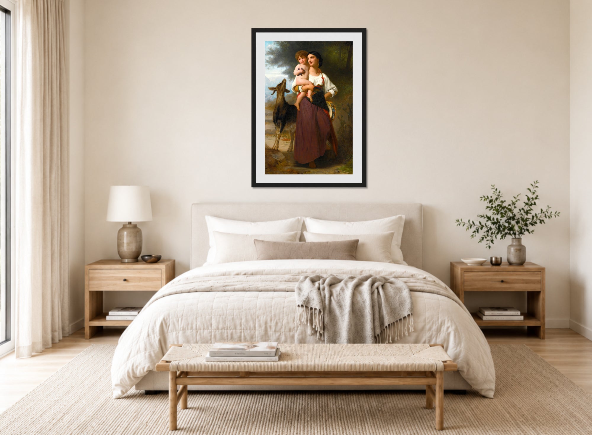 William-Adolphe Bouguereau Print, Convoitise displayed above a bed
