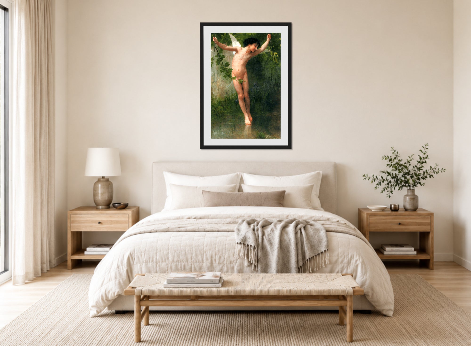 William-Adolphe Bouguereau Print, Cupid flying over water (1900) displayed above a bed