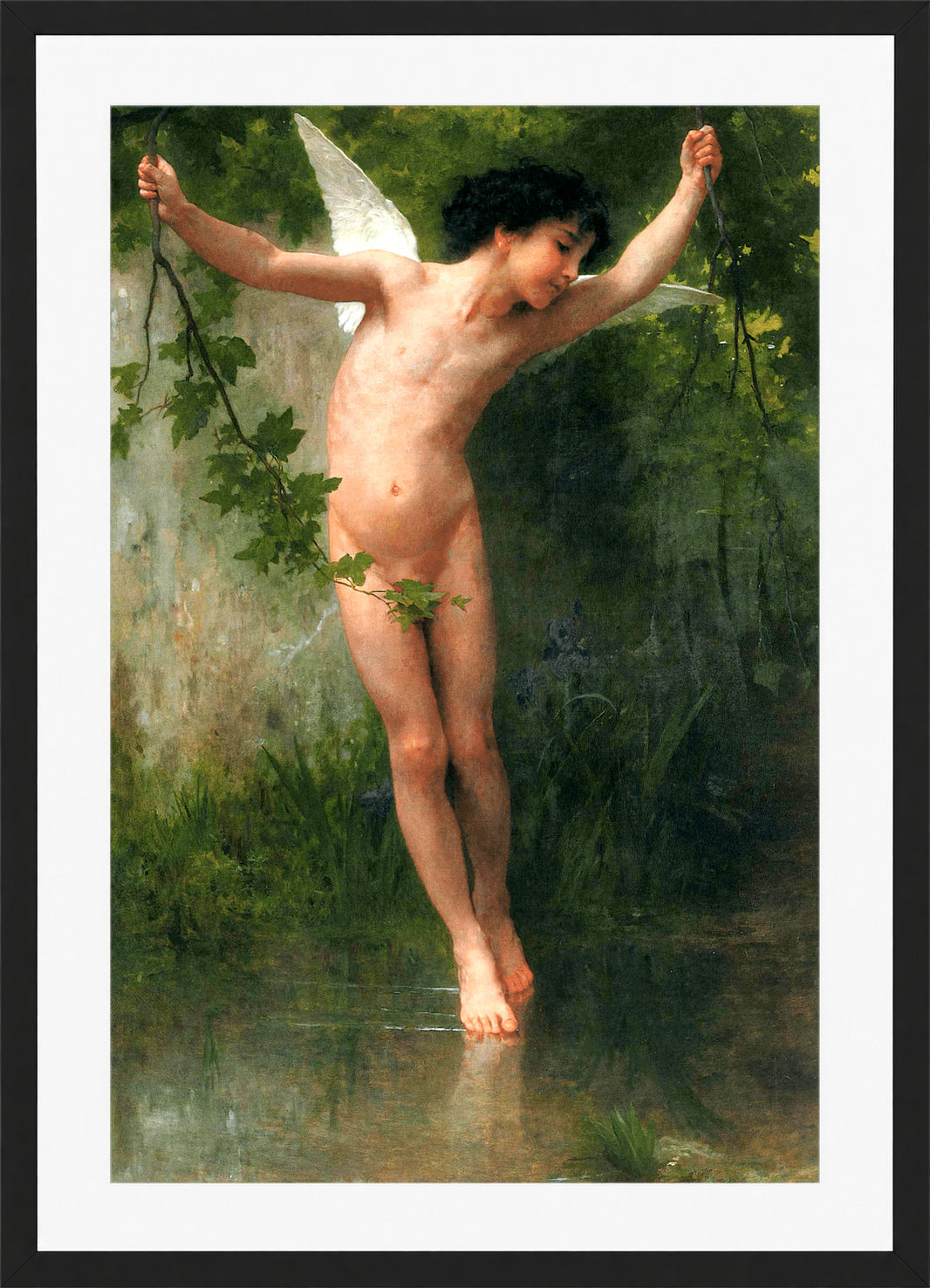 William-Adolphe Bouguereau Print, Cupid flying over water (1900) in a black frame