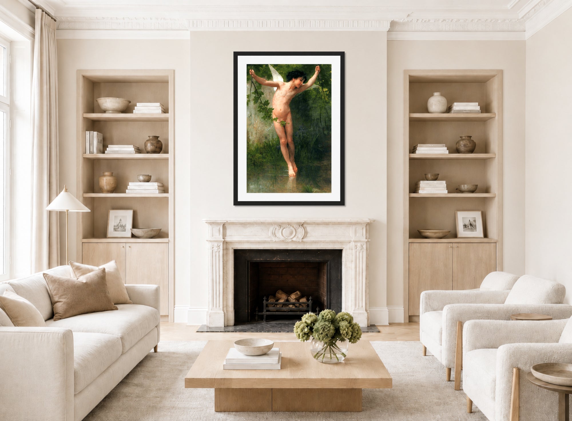 William-Adolphe Bouguereau Print, Cupid flying over water (1900) displayed in a Scandinavian living room