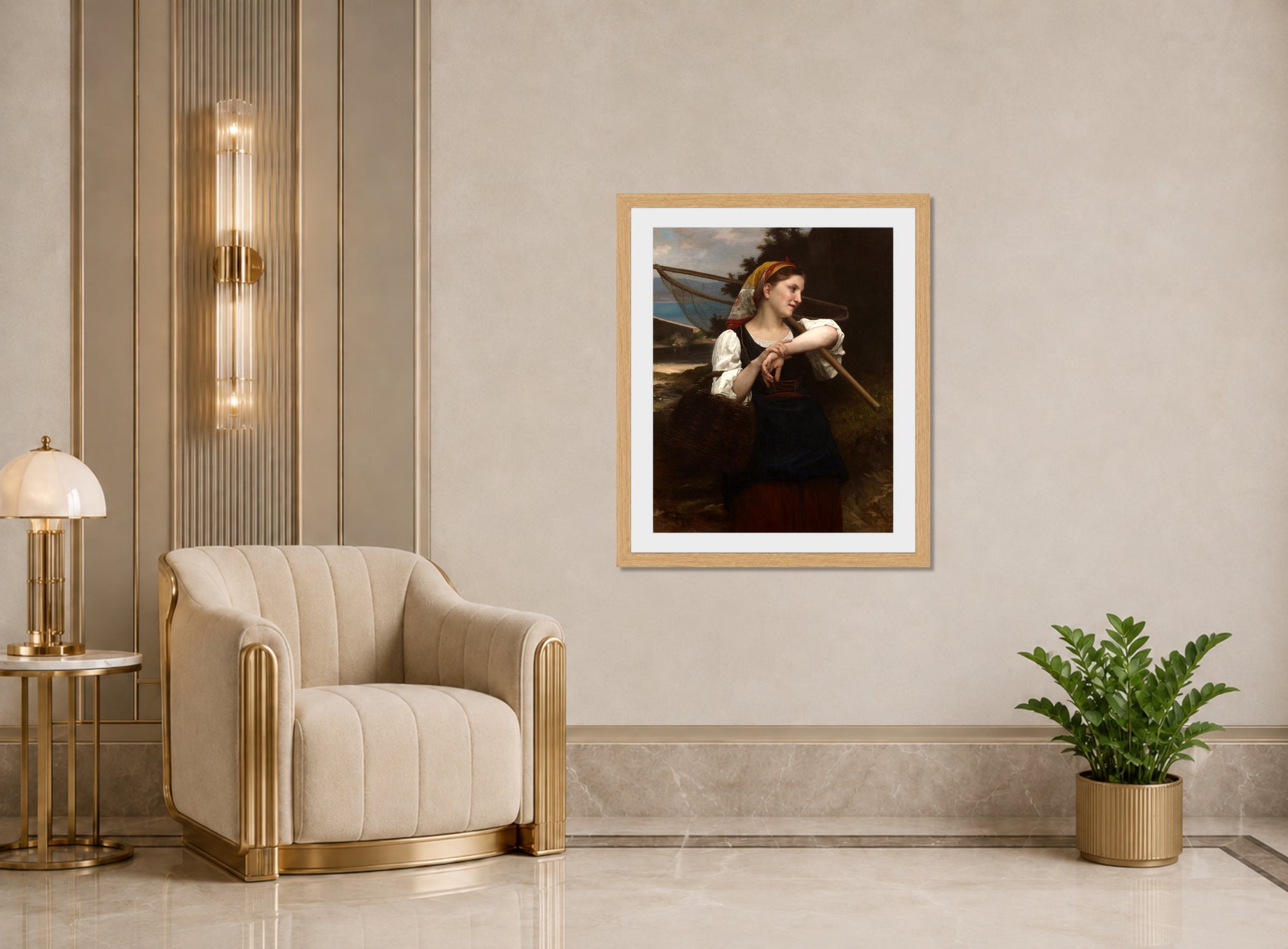William-Adolphe Bouguereau Print, Daughter of Fisherman (1872) displayed in an Art Deco interior