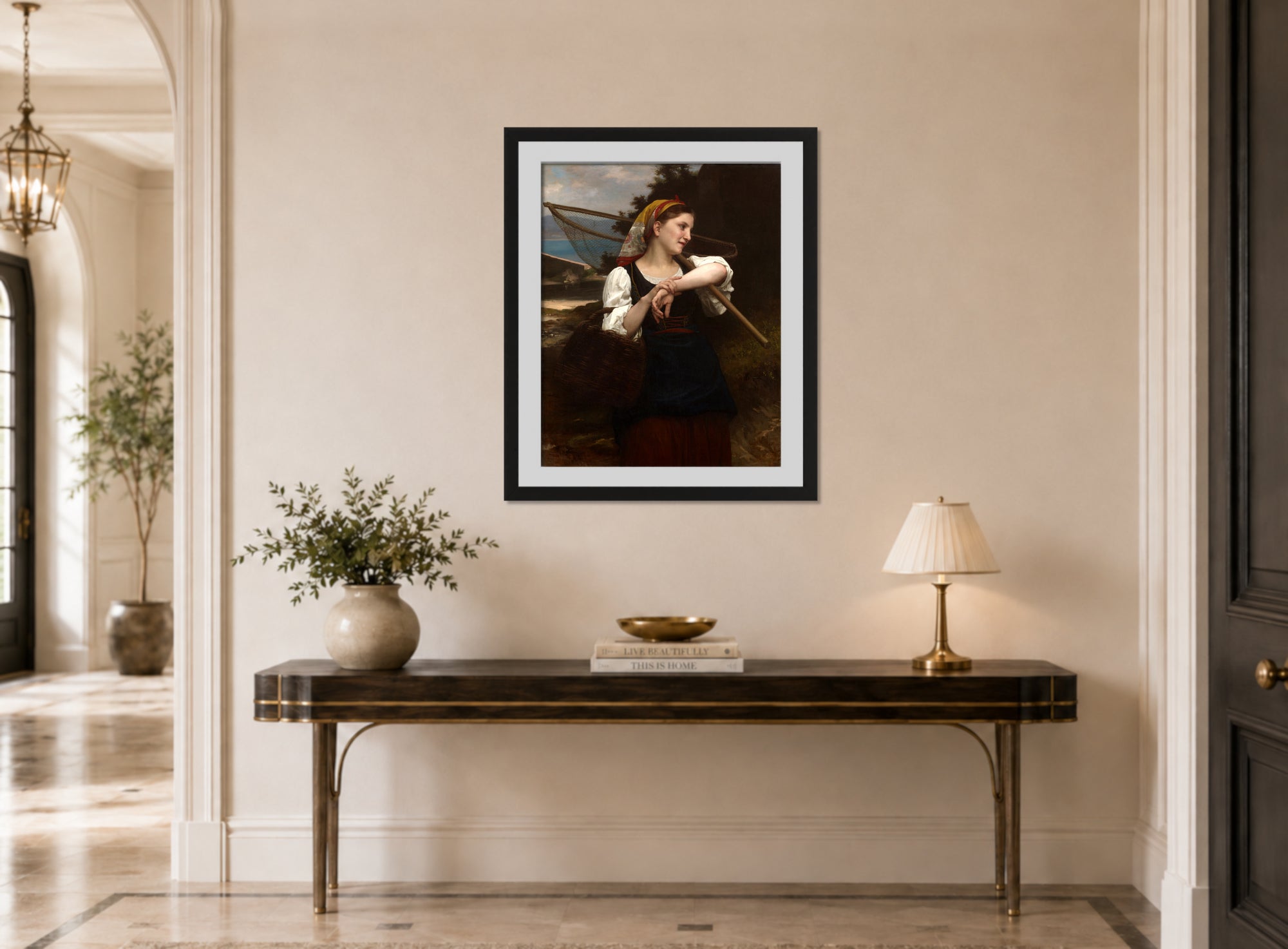 William-Adolphe Bouguereau Print, Daughter of Fisherman (1872) displayed above a console table