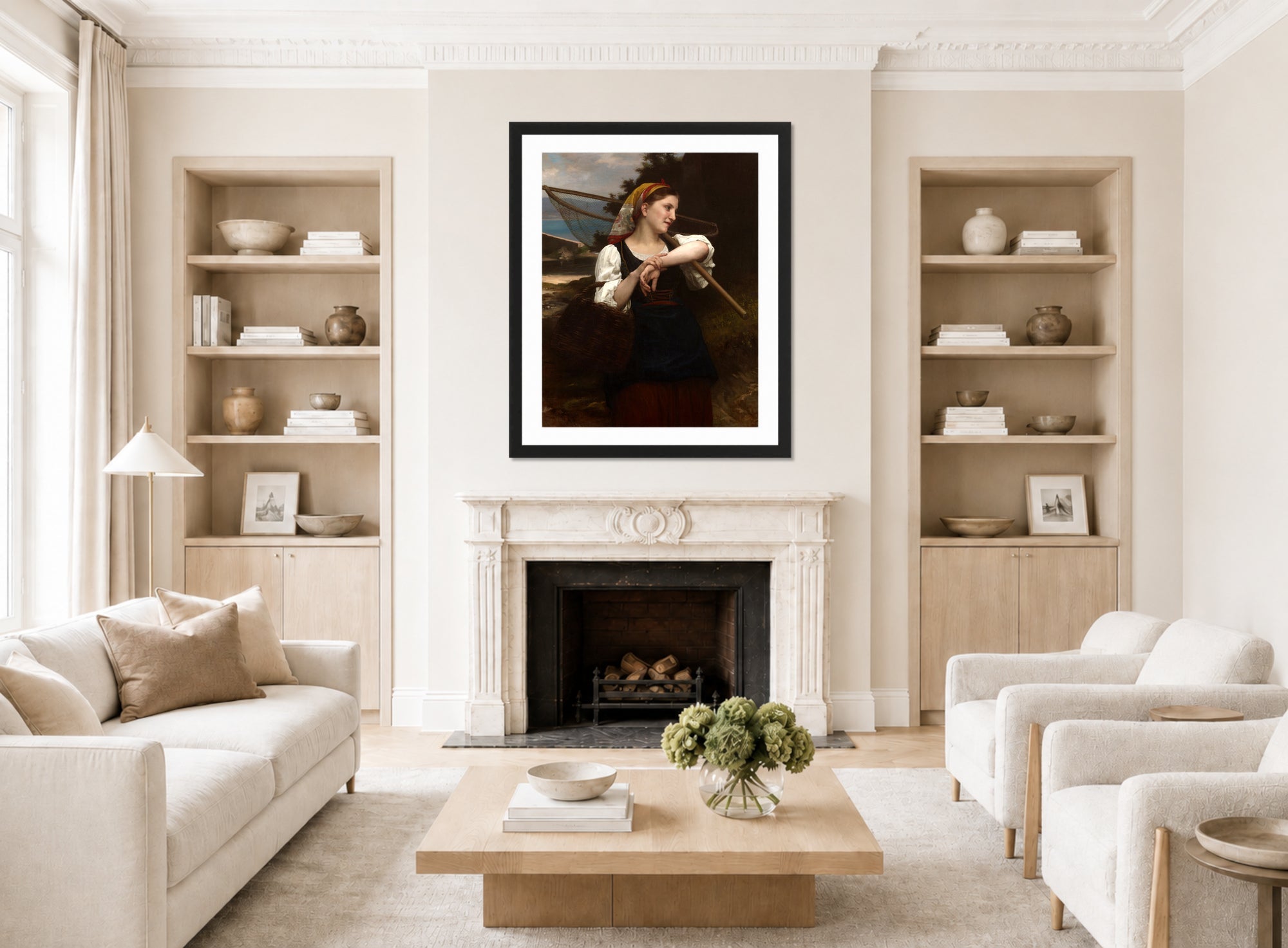 William-Adolphe Bouguereau Print, Daughter of Fisherman (1872) displayed in a Scandinavian living room