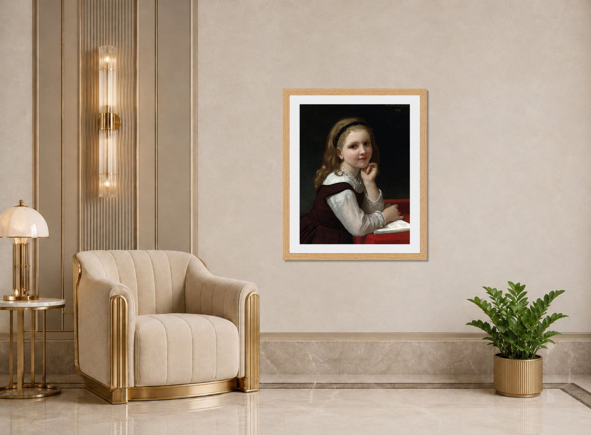William-Adolphe Bouguereau Print, Distraction (1868) displayed in an Art Deco interior