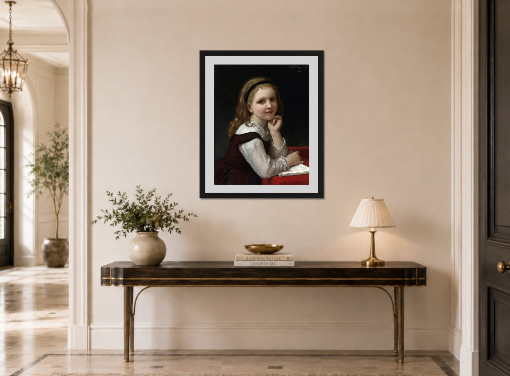 William-Adolphe Bouguereau Print, Distraction (1868) displayed above a console table