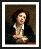 William-Adolphe Bouguereau Print, Enfant italien tenant une croute de pain (1874) in a black frame
