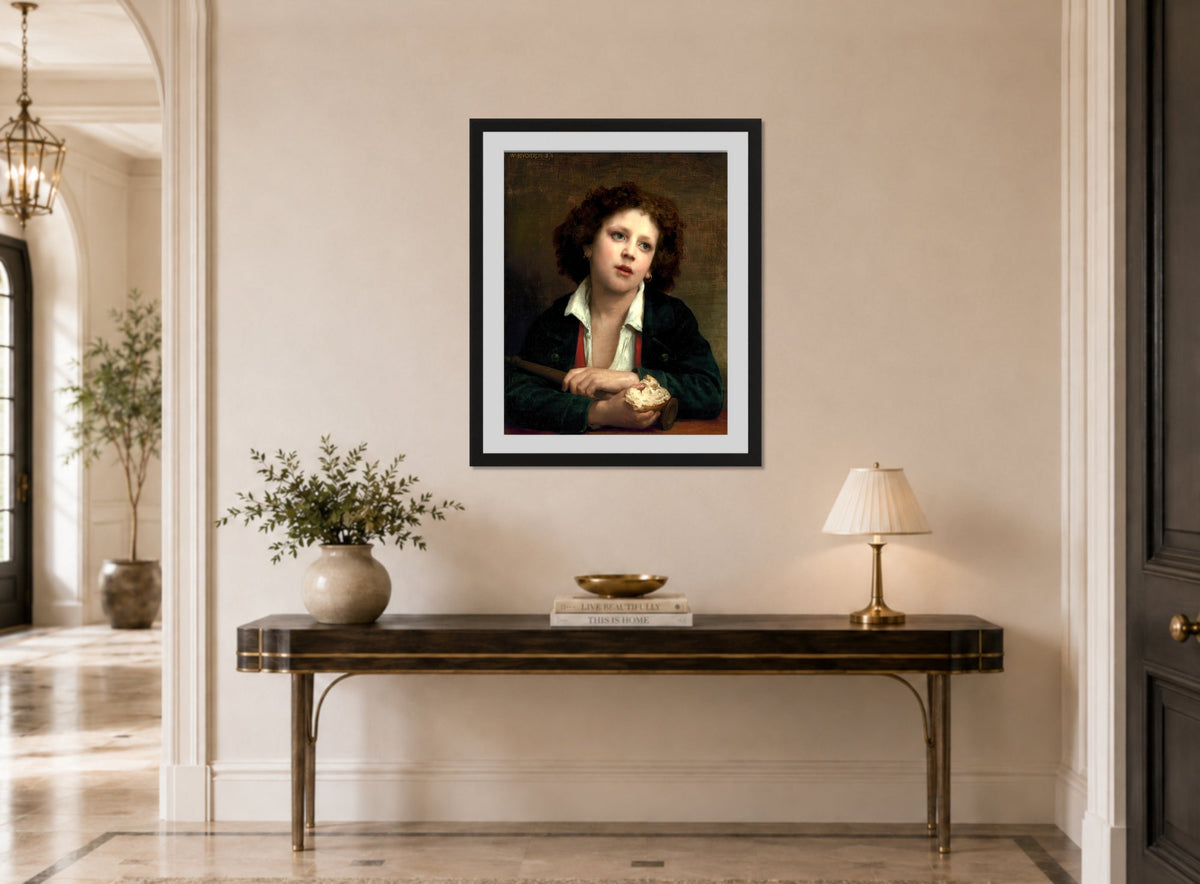 William-Adolphe Bouguereau Print, Enfant italien tenant une croute de pain (1874) displayed above a console table