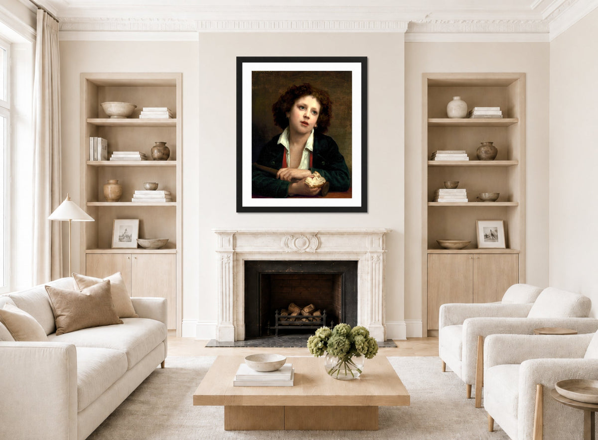 William-Adolphe Bouguereau Print, Enfant italien tenant une croute de pain (1874) displayed in a Scandinavian living room