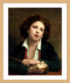 William-Adolphe Bouguereau Print, Enfant italien tenant une croute de pain (1874) in a light oak frame