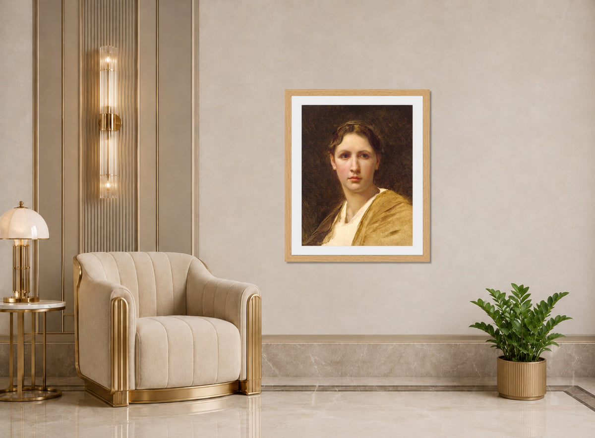 William-Adolphe Bouguereau Print, Étude de la tête (1898) displayed in an Art Deco interior