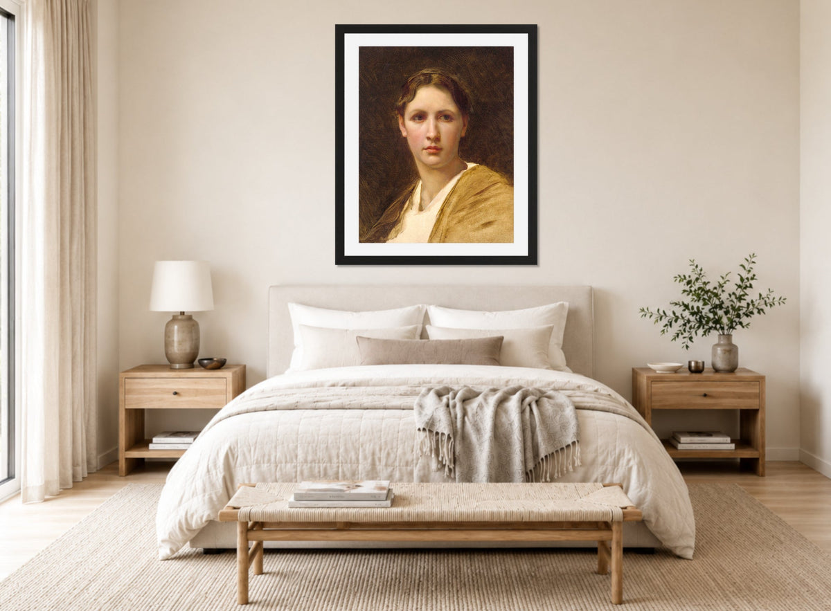 William-Adolphe Bouguereau Print, Étude de la tête (1898) displayed above a bed