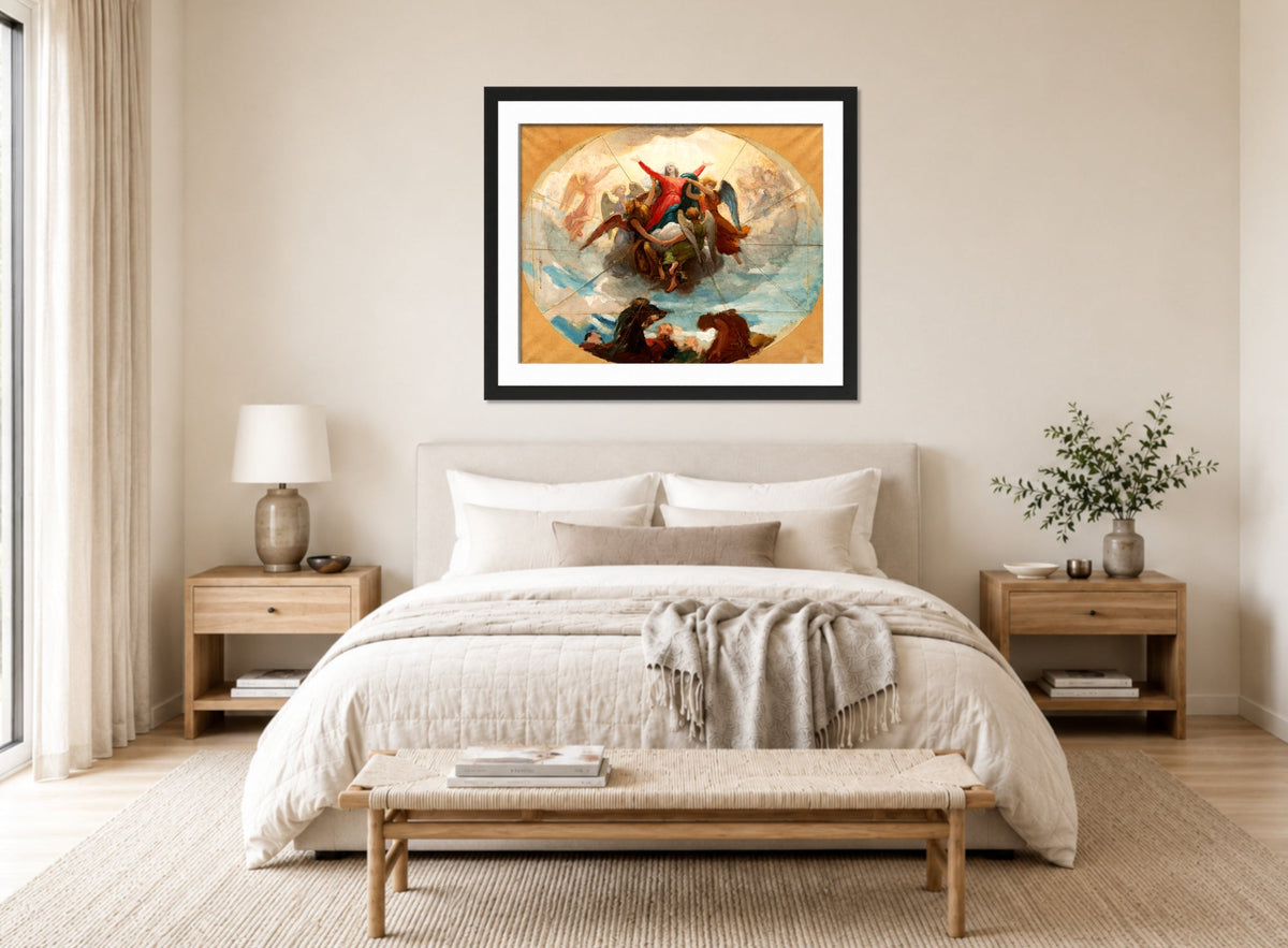 William-Adolphe Bouguereau Print, Etude pour le plafond de la Chapelle de Vierge à la Rochelle displayed above a bed