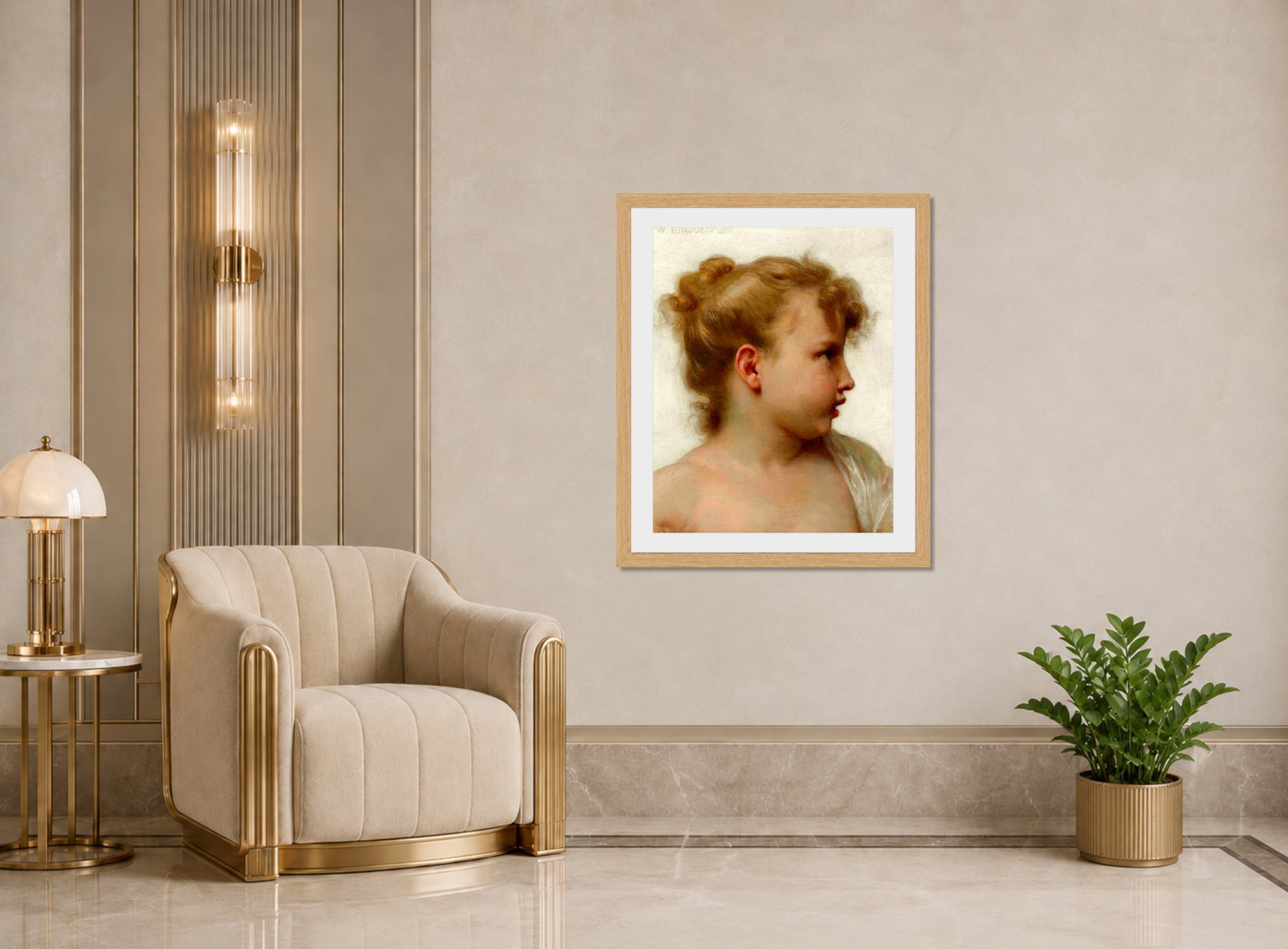William-Adolphe Bouguereau Print, Etude; tête de petite fille (visage de profil) (1888) displayed in an Art Deco interior