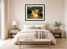 William-Adolphe Bouguereau Print, Faun and Bacchante (1860) displayed above a bed