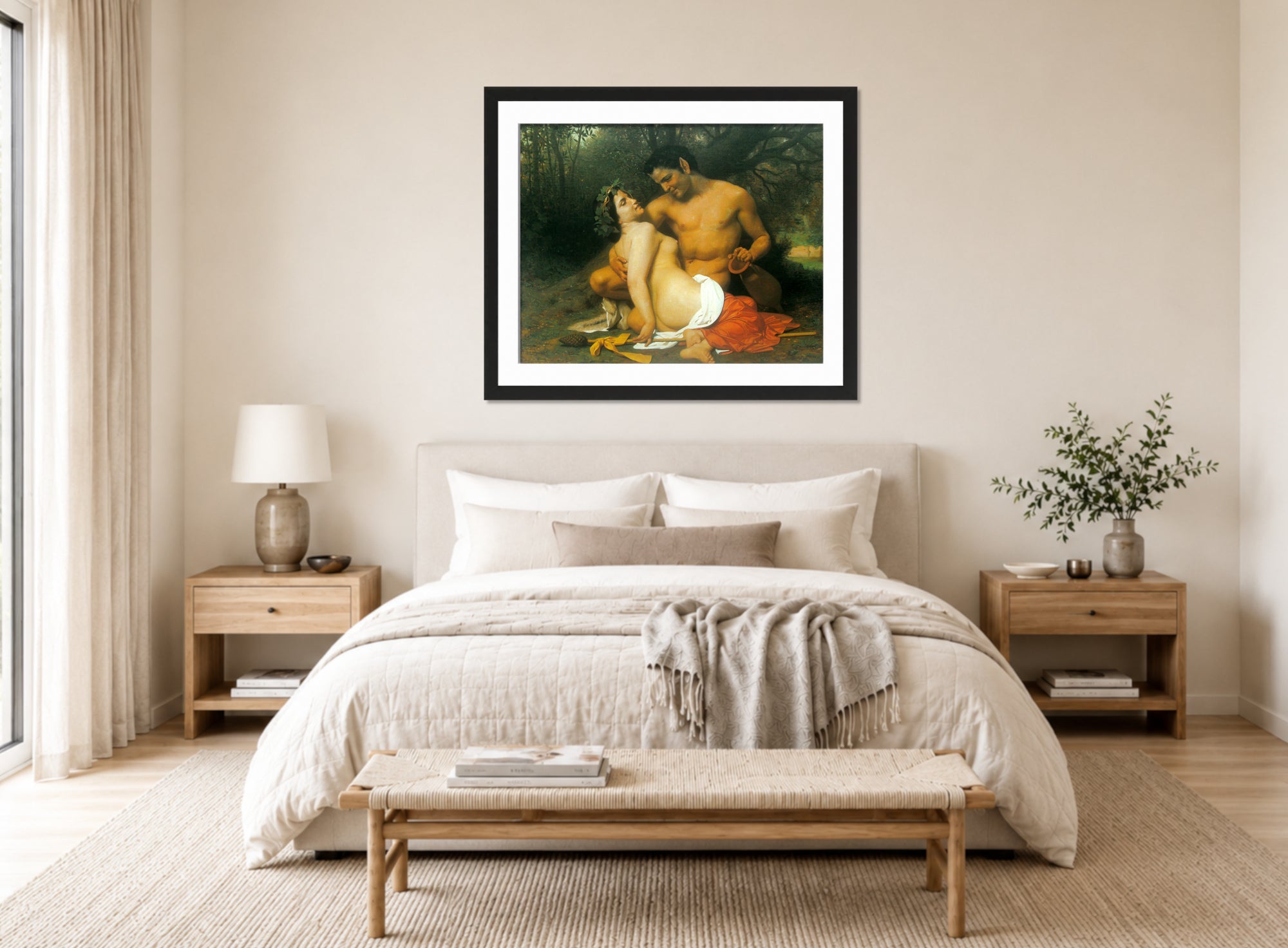William-Adolphe Bouguereau Print, Faun and Bacchante (1860) displayed above a bed