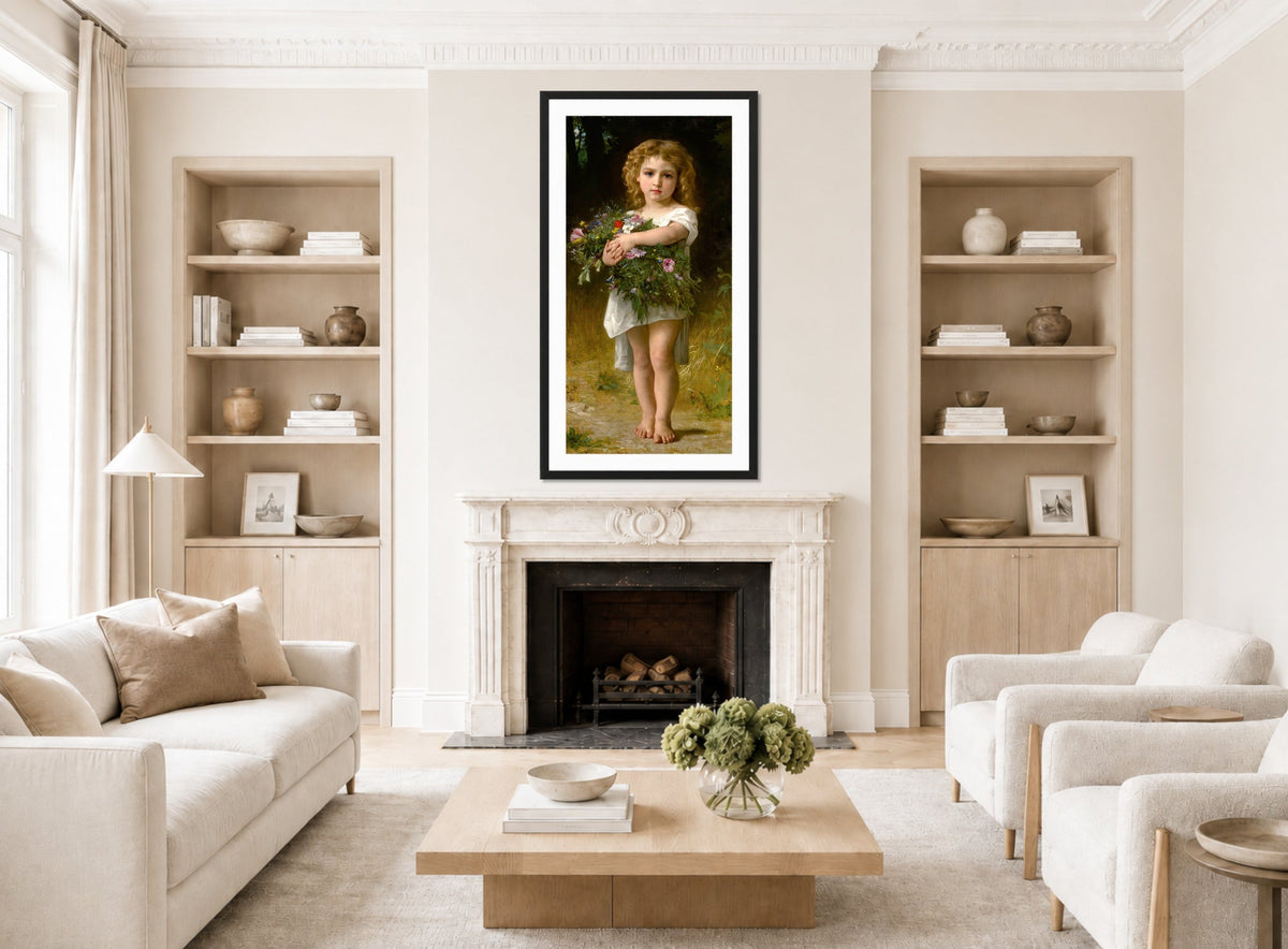 William-Adolphe Bouguereau Print, Fleurs De Printemps (1878) displayed in a Scandinavian living room