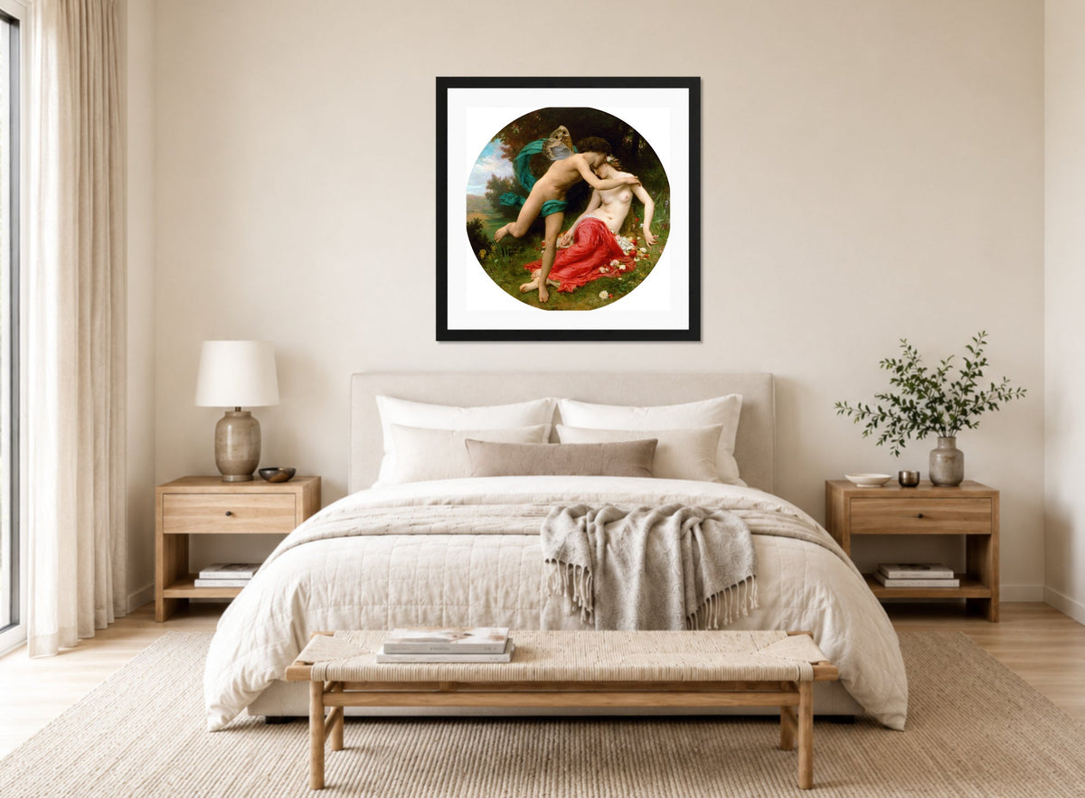 William-Adolphe Bouguereau Print, Flora And Zephyr (1875) displayed above a bed
