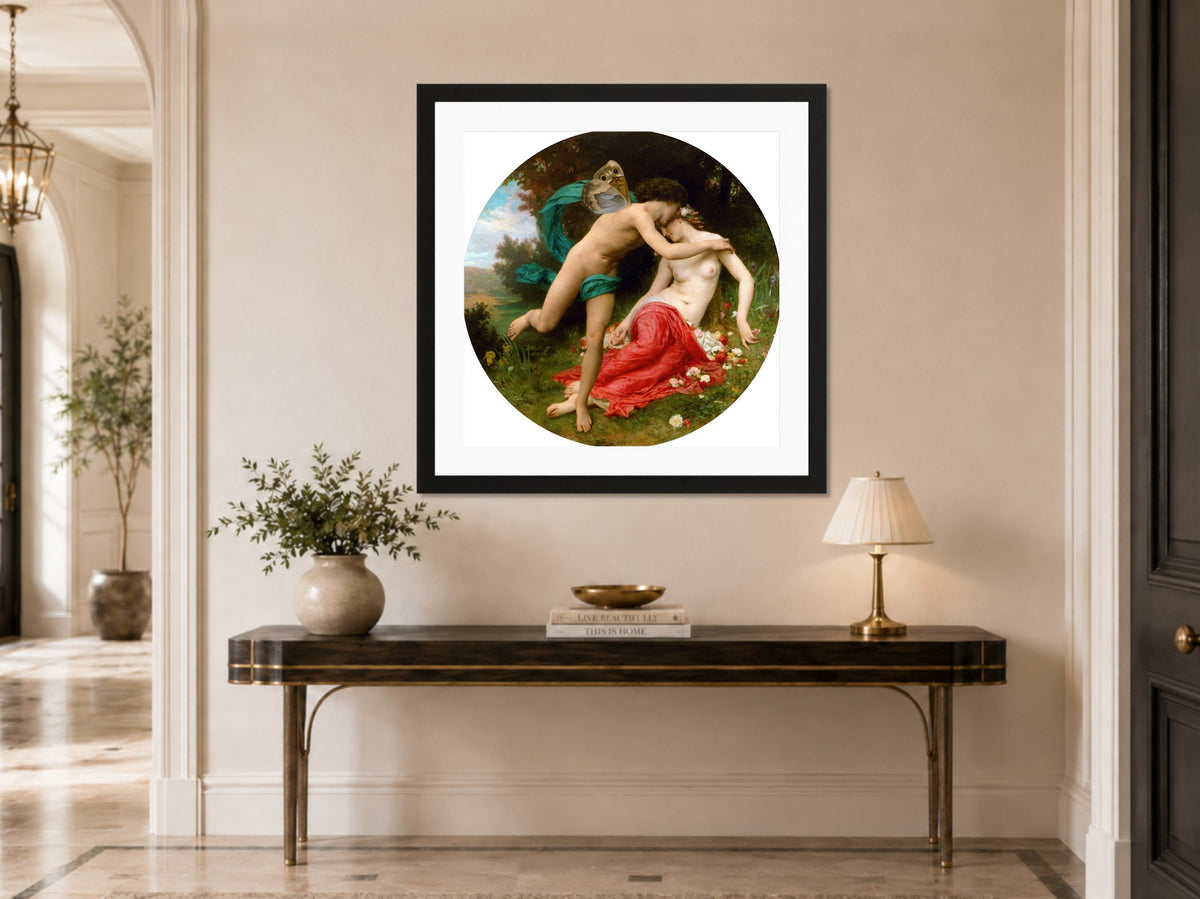 William-Adolphe Bouguereau Print, Flora And Zephyr (1875) displayed above a console table