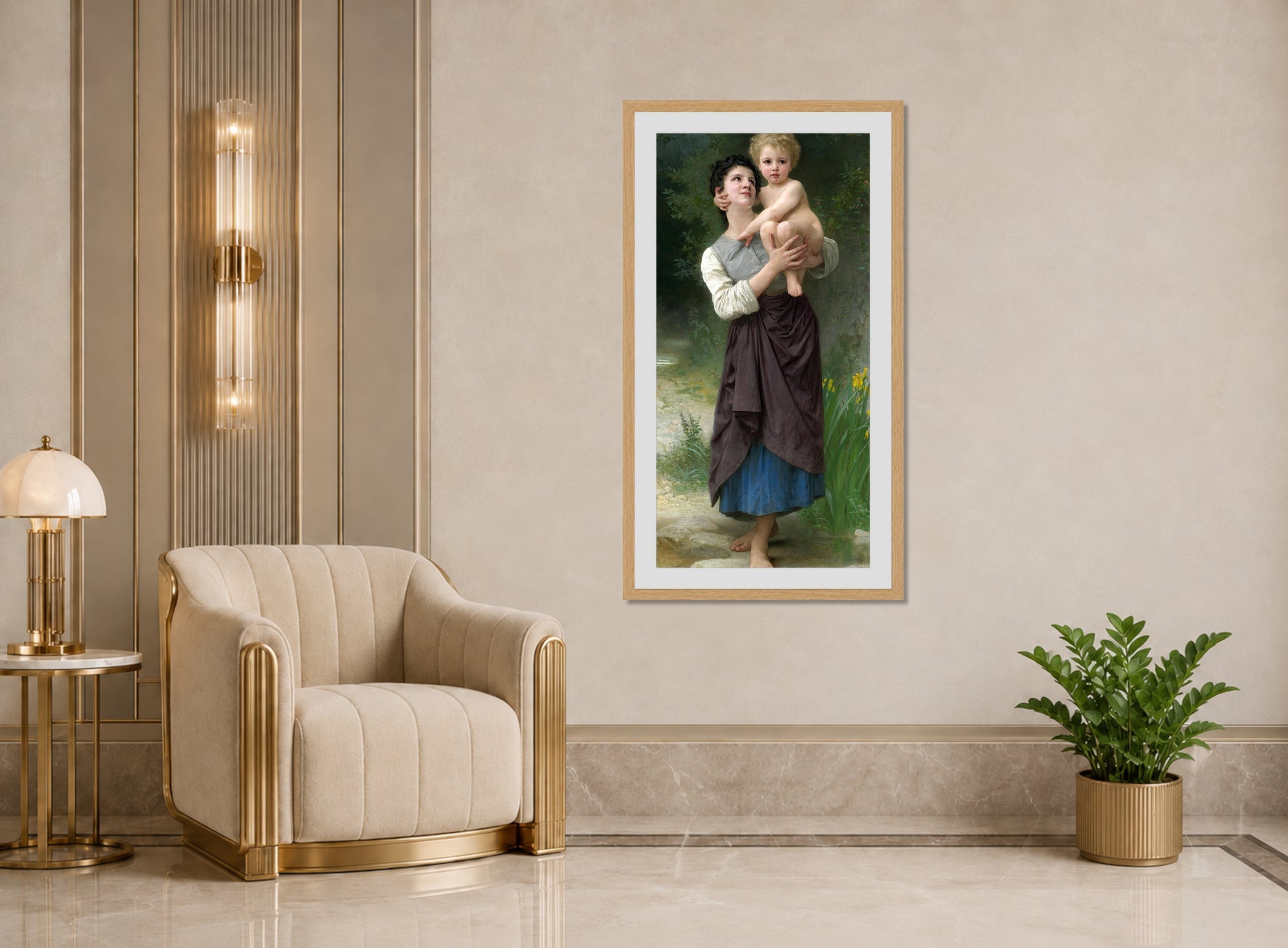 William-Adolphe Bouguereau Print, Frère Et Soeur (1887) displayed in an Art Deco interior