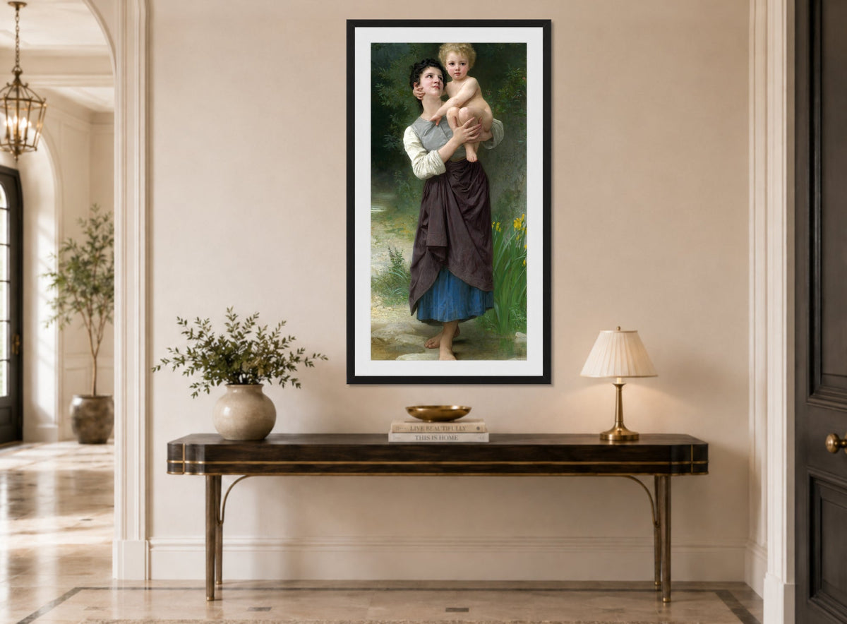 William-Adolphe Bouguereau Print, Frère Et Soeur (1887) displayed above a console table