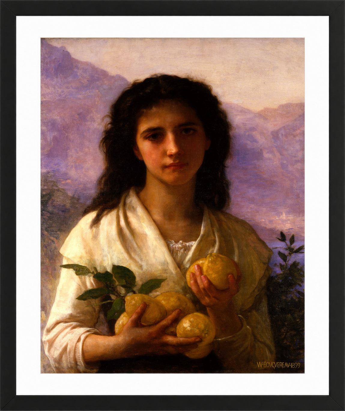 William-Adolphe Bouguereau Print, Girl Holding Lemons (1899) in a black frame