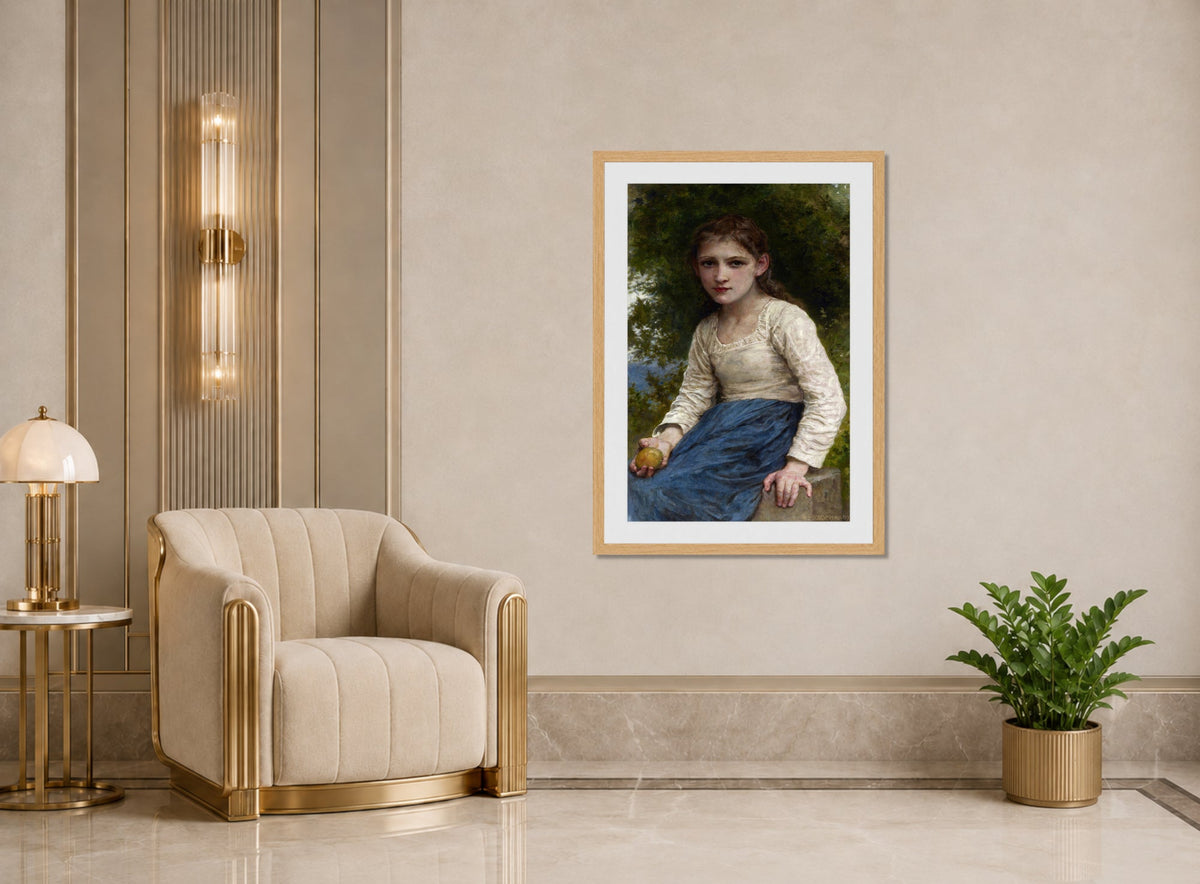 William-Adolphe Bouguereau Print, Girl with an Apple (1905) displayed in an Art Deco interior