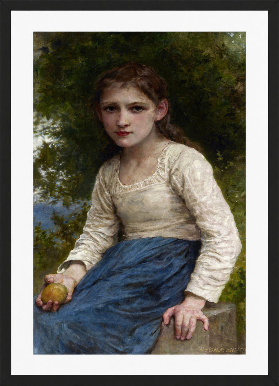 William-Adolphe Bouguereau Print, Girl with an Apple (1905) in a black frame