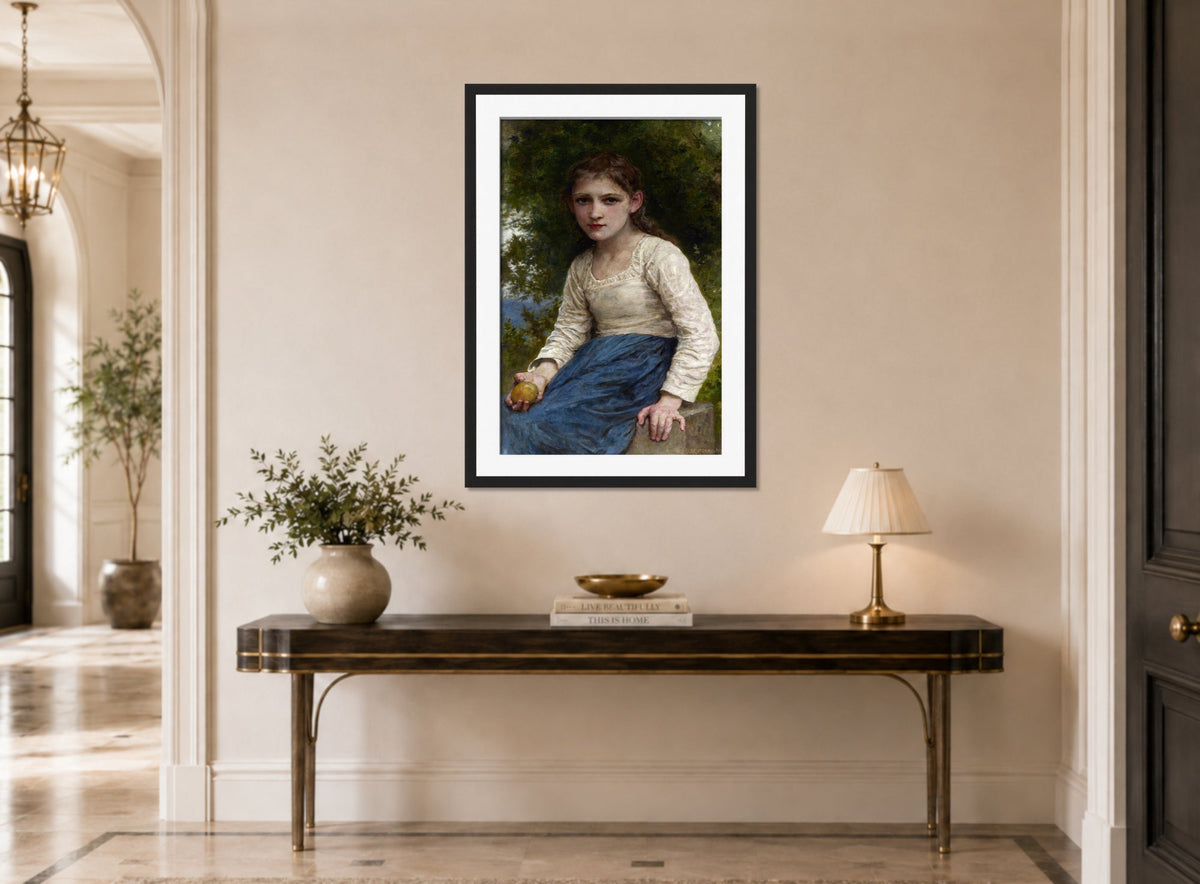 William-Adolphe Bouguereau Print, Girl with an Apple (1905) displayed above a console table