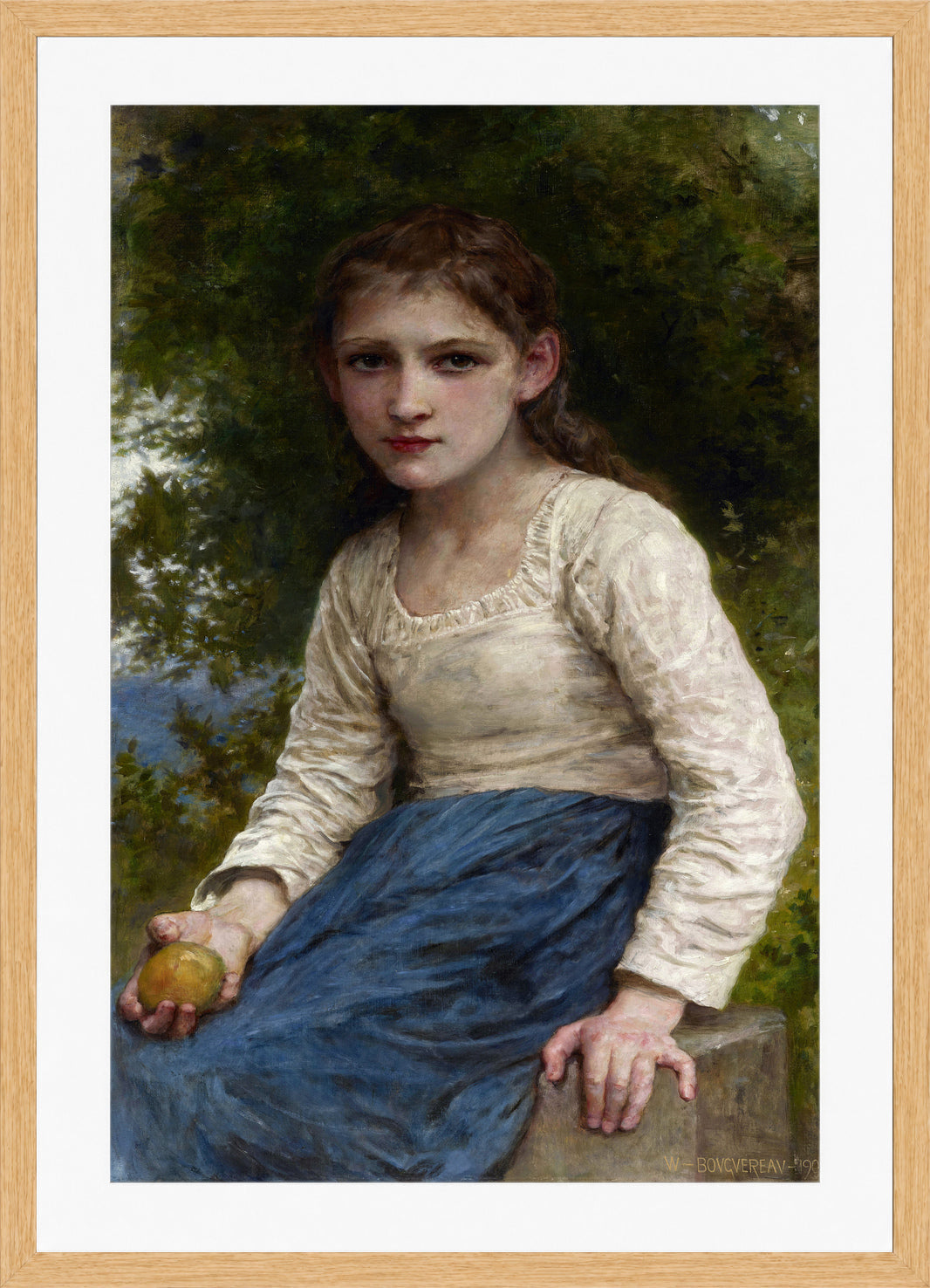 William-Adolphe Bouguereau Print, Girl with an Apple (1905) in a light oak frame