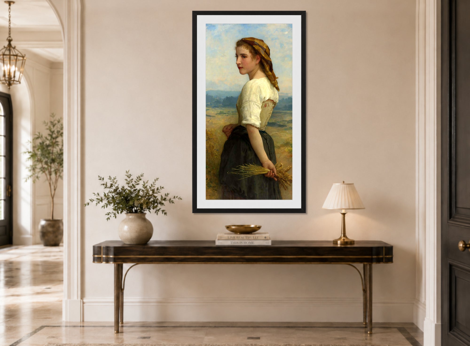 William-Adolphe Bouguereau Print, Glaneuse (1894) displayed above a console table
