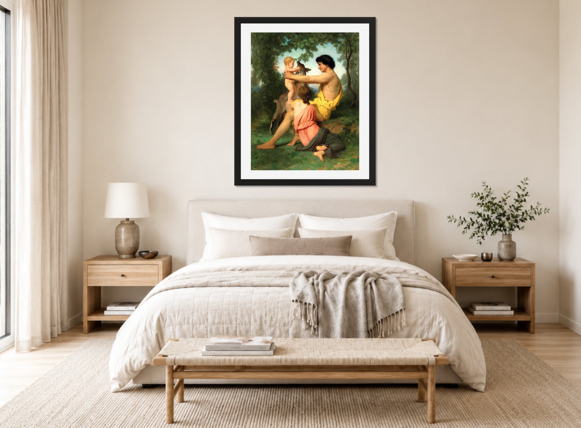 William-Adolphe Bouguereau Print, Idylle; famille antique displayed above a bed